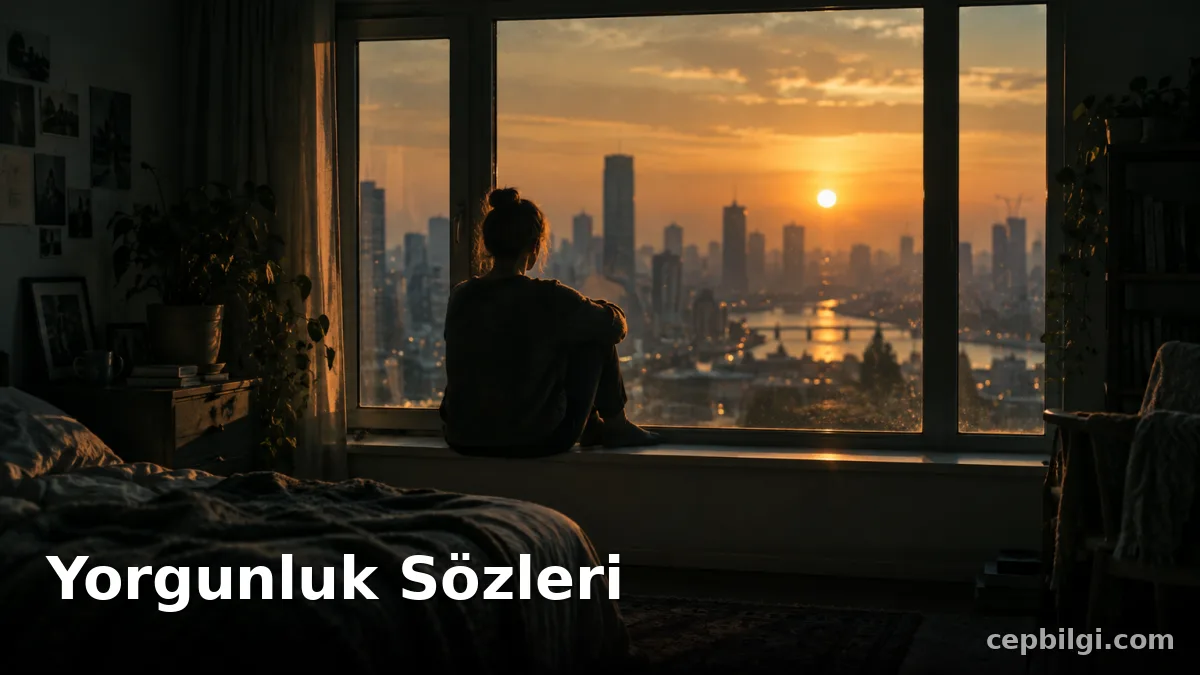 Yorgunluk Sözleri yazılı kapak görseli: pencere kenarında gün batımına bakan yorgun bir siluet